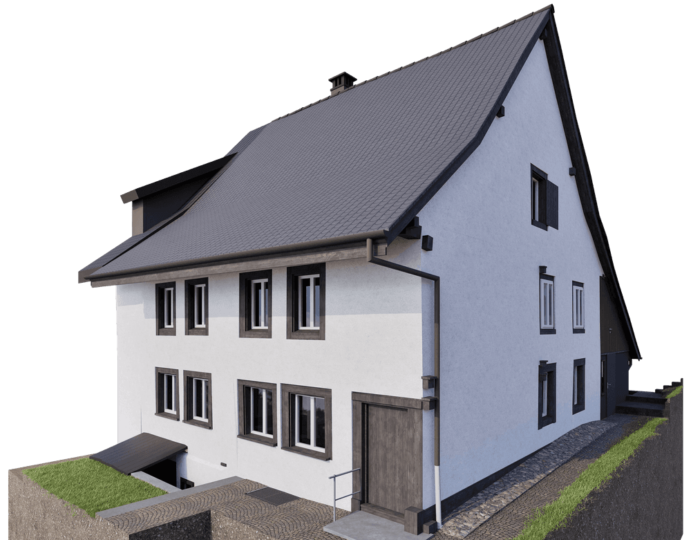 Ein modernes zweistöckiges Haus mit grauem Satteldach und weißen Wänden.