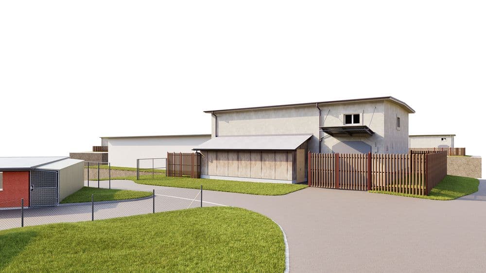 3D-Architekturvisualisierung eines modernen Industrie- und Lagergebäudes mit Hofzufahrt, Zäunen und Grünflächen, Außenansicht bei Tageslicht.