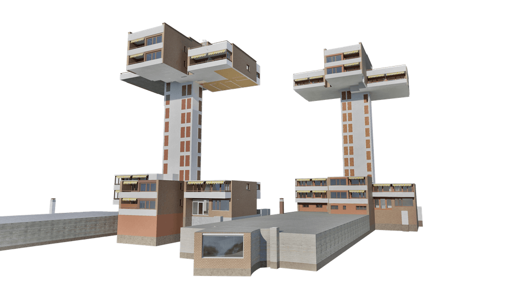 Ein modernes Gebäude mit zwei turmförmigen Strukturen und kastenartigen, horizontalen Auslegern.