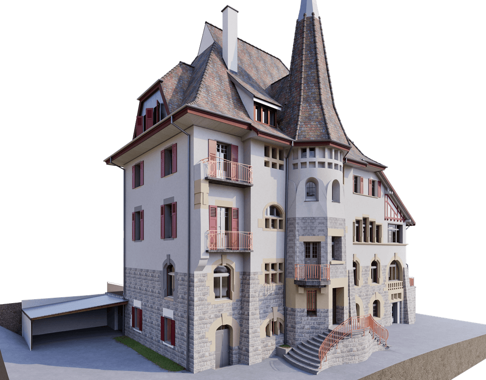 Historisches Gebäude mit Erker, spitzem Turm und Ziegeldach, kombiniert aus Steinfassade und Fachwerk.