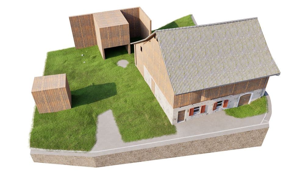 Ein modernes Gebäudeensemble mit Holz- und Betonelementen auf einer grasbewachsenen Fläche.