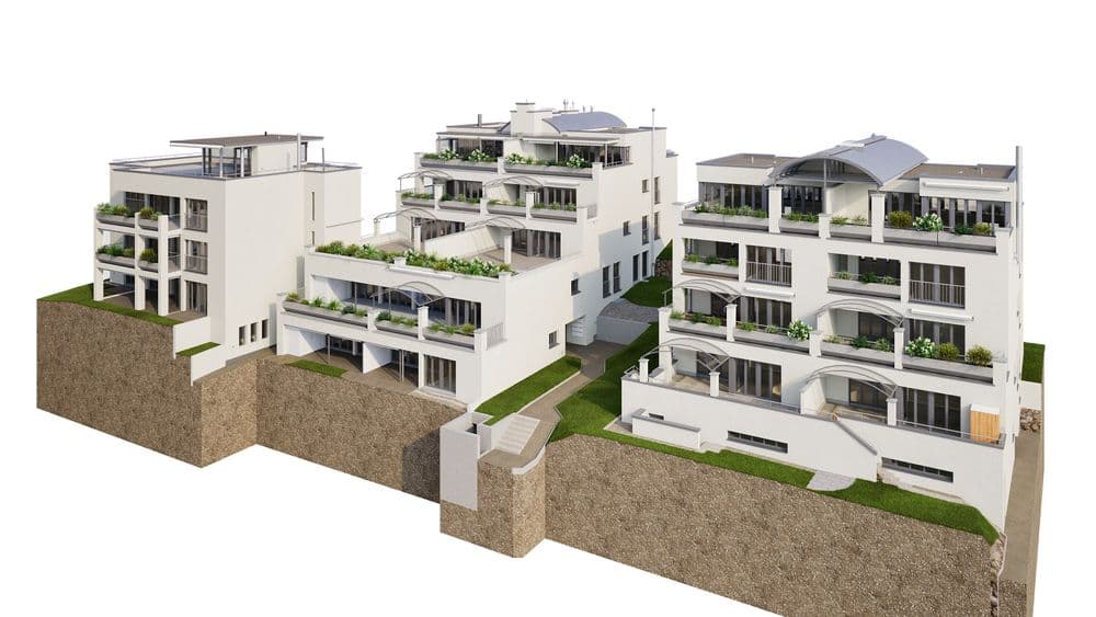 Mehrfamilienhäuser mit modernen Balkonen und begrünten Dächern auf einer Hanglage.