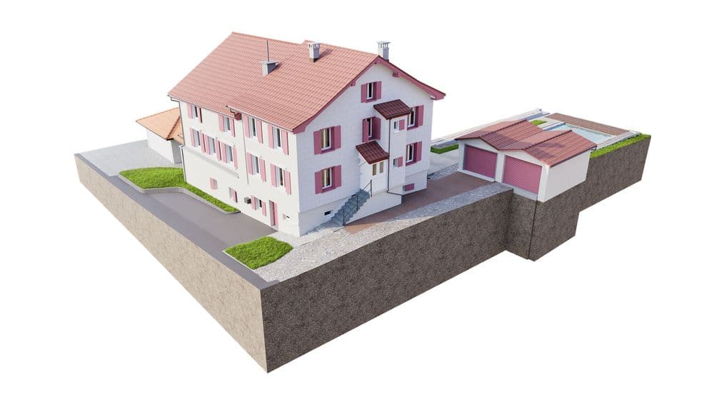 Ein modernes zweistöckiges Haus mit rosa Dach und weißer Fassade, Garagenanbau, umgeben von Rasenflächen und Straßen.