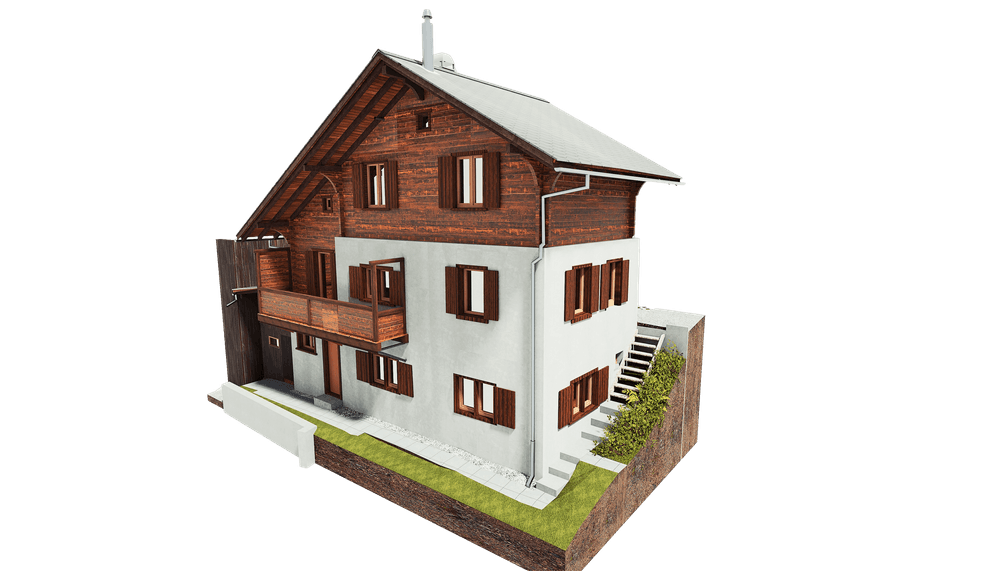 Ein traditionelles dreistöckiges Haus mit Holzverkleidung und weißen Wänden, Treppen führen zum Eingang.