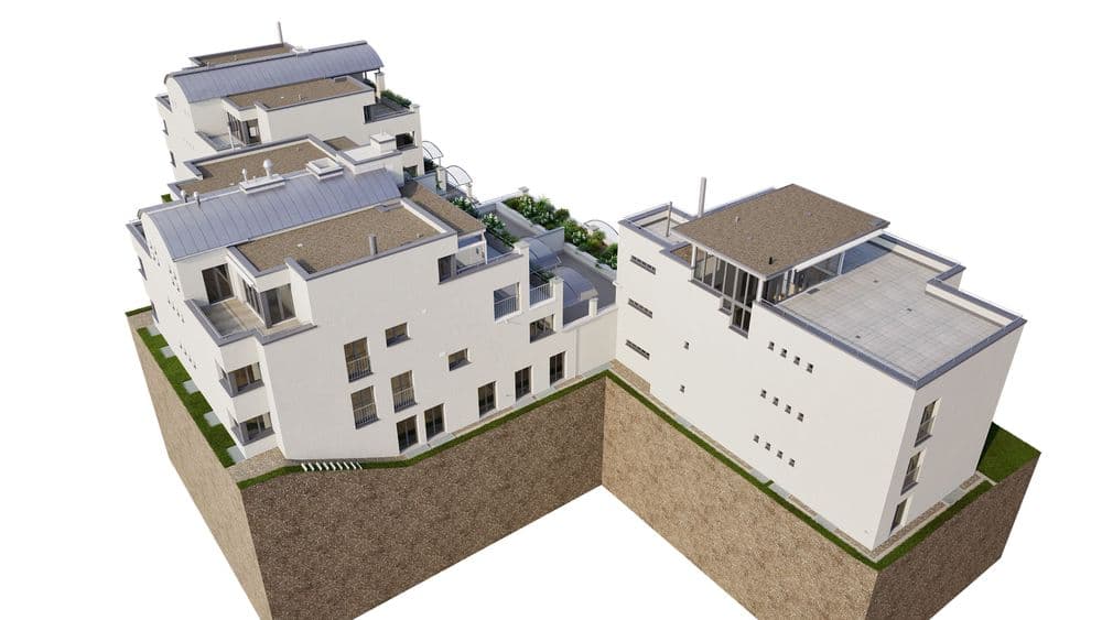 Entwurf eines modernen Wohnkomplexes auf einem erhöhten Gelände, mit Flachdächern und Terrassen.