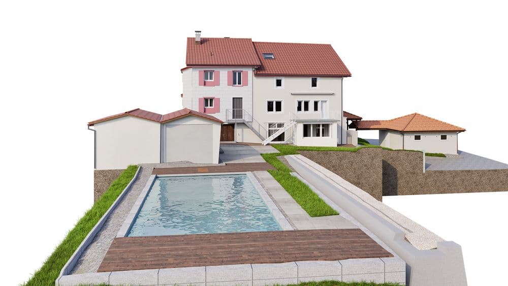 Ein modernes Haus mit rotem Dach, dahinter ein großer Pool und gepflegter Garten, neben einem Nebengebäude.
