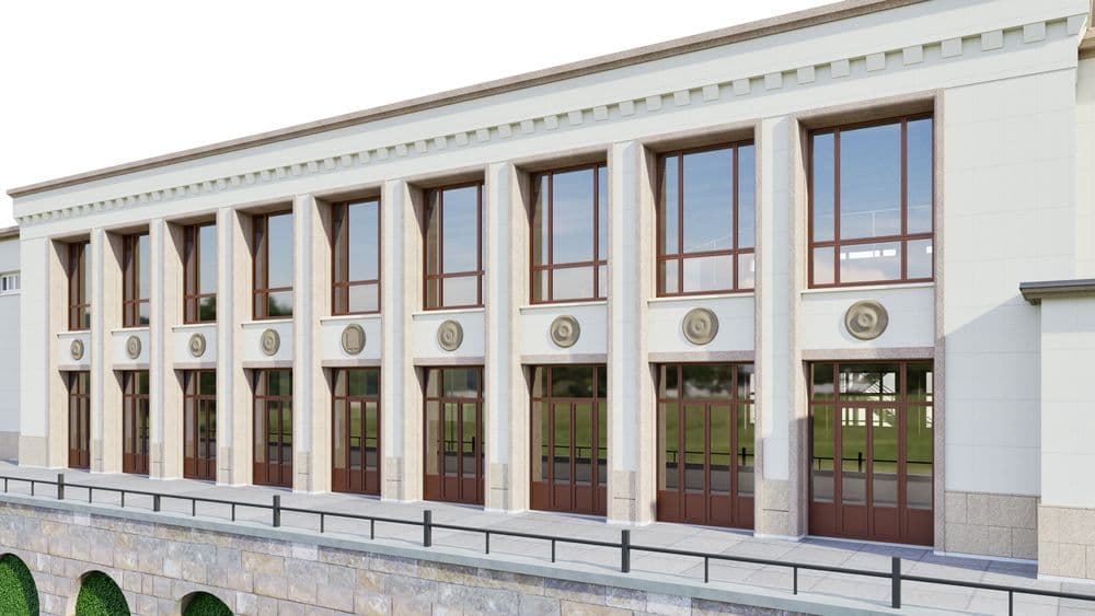Ein modernes Gebäude mit großen Fenstern und klassischem Design; ideal für SEO und Barrierefreiheit.