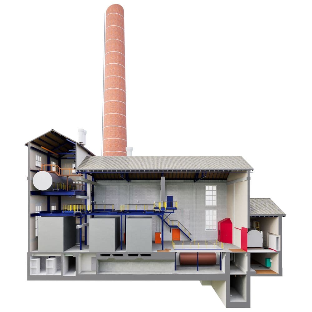 Industriegebäude mit Schornstein, Innenansicht zeigt Maschinen und Produktionsbereiche.