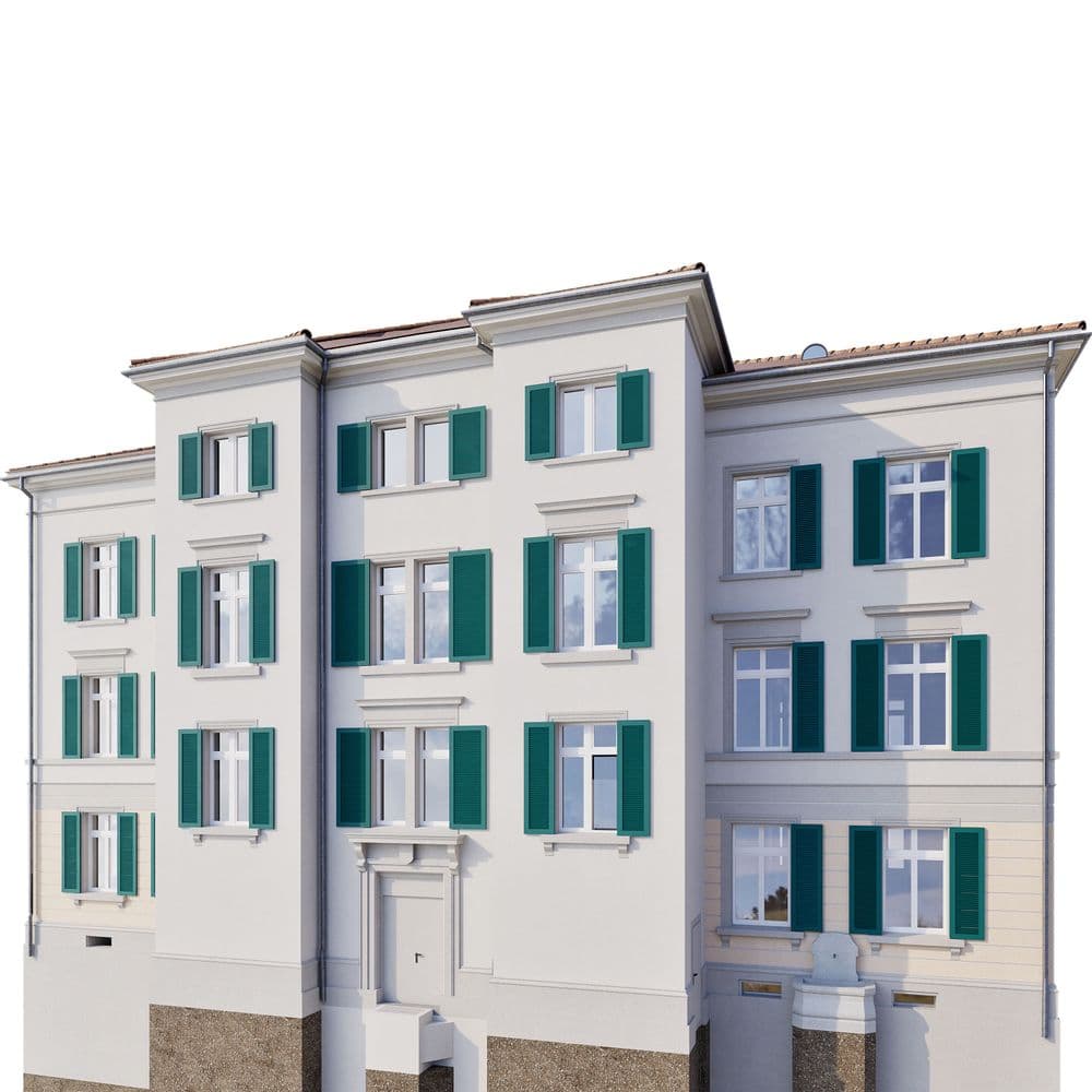 Wohngebäude mit weißen Wänden und grünen Fensterläden.