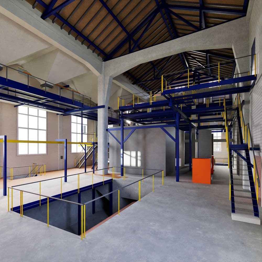 Moderne, industrielle Innenansicht eines Gebäudes mit blauen Stahlstrukturen, Geländern und Treppen, Holzdach und großen Fenstern.