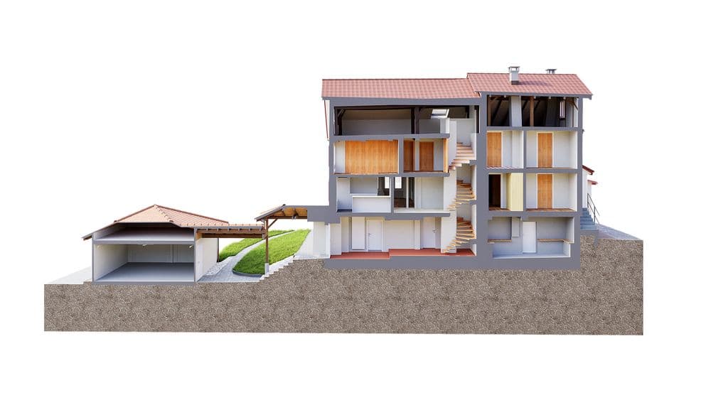 Querschnitt eines zweistöckigen Hauses mit Satteldach, Inneneinrichtung und angrenzendem Garagengebäude.