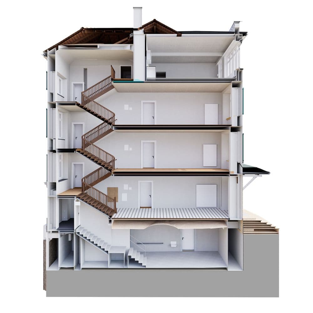 Querschnitt eines vierstöckigen Gebäudes mit sichtbaren Treppenhäusern, Türen und Räumen, die die Innenstruktur und Aufteilung zeigen.