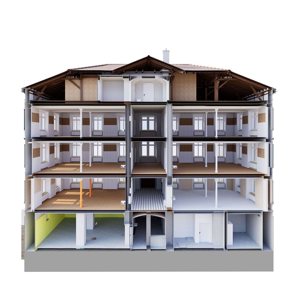 Wohnhaus-Schnittansicht: Mehrstöckiges Gebäude mit detaillierten Innenräumen und Dachansicht, zeigt Struktur und Raumaufteilung.