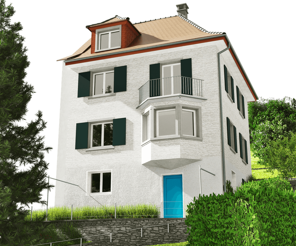 Ein weißes dreistöckiges Haus mit blauen Fensterläden und einer blauen Tür, umgeben von Bäumen und einem Hügel.