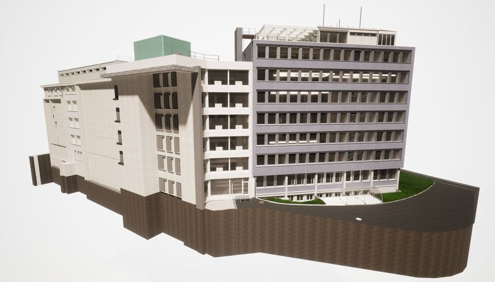 Mehrstöckiges Bürogebäude mit modernem Design.