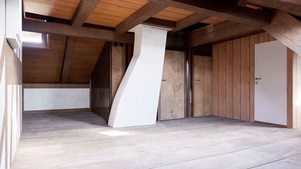 Heller Dachraum mit Holzbalken, Holzverkleidung und breitem Holzboden, schräger Decke und Dachfenster; zentrale weiße Säule/Schornstein, mehrere Türen und moderne, minimalistische Innenarchitektur.