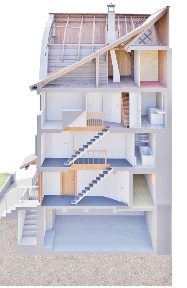 Architektonische Schnittansicht eines mehrstöckigen Hauses mit Dachstuhl, Treppenhaus und Innenräumen; zeigt Raumaufteilung über mehrere Etagen inklusive Keller, Bad und Wohnbereichen.