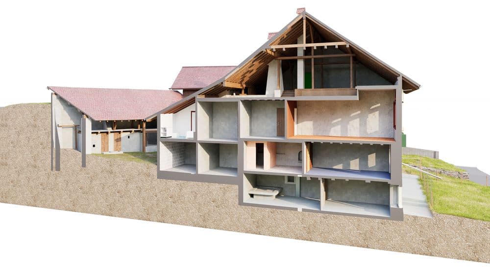 Ein modernes Haus im Querschnitt zeigt architektonische Details und Ebenen.