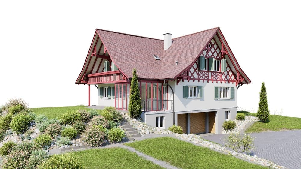 Ein traditionelles, zweistöckiges Haus mit rotem Satteldach, umgeben von gepflegtem Garten und Kiesweg.