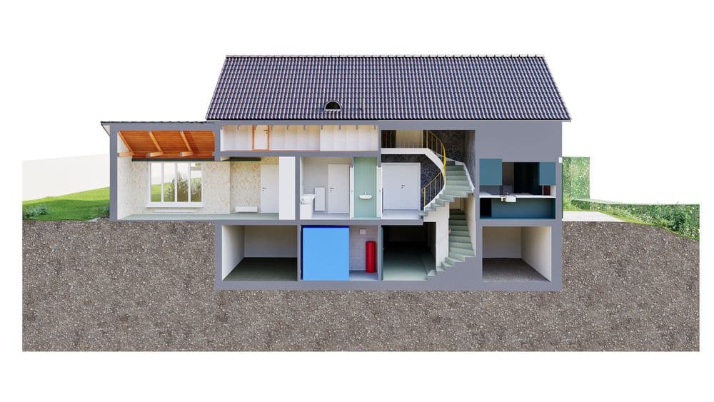 Modell eines Hauses im Querschnitt mit sichtbaren Stockwerken, Räumen und Einrichtungselementen.