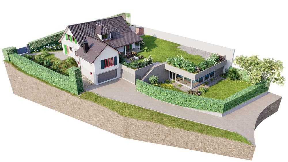 Ein modernes Einfamilienhaus mit Garten, Garage und gepflegtem Außenbereich auf einem Hügel.