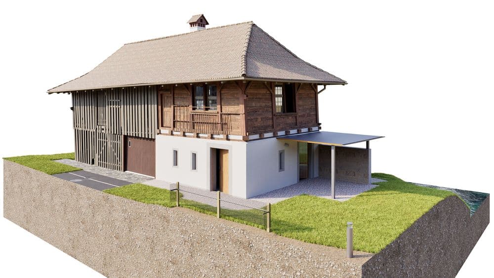 Ein modernes Haus auf einem erhöhten Grundstück mit traditionellen und zeitgenössischen Designelementen, begrüntem Vorhof und überdachtem Eingangsbereich.