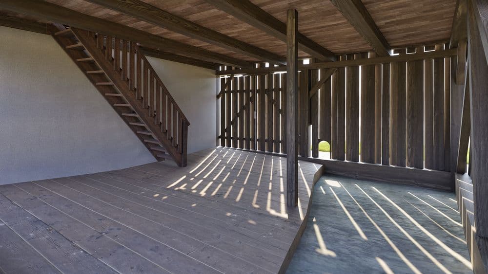Holzinterieur mit Treppe, Holzwänden und Schattenmustern.