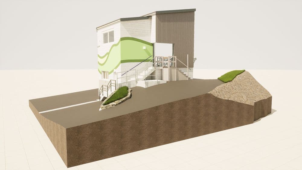 Modernes Gebäude mit wellenförmigem Design und grün-weißer Fassade, umgeben von grünen Hängen und Treppenaufgängen.