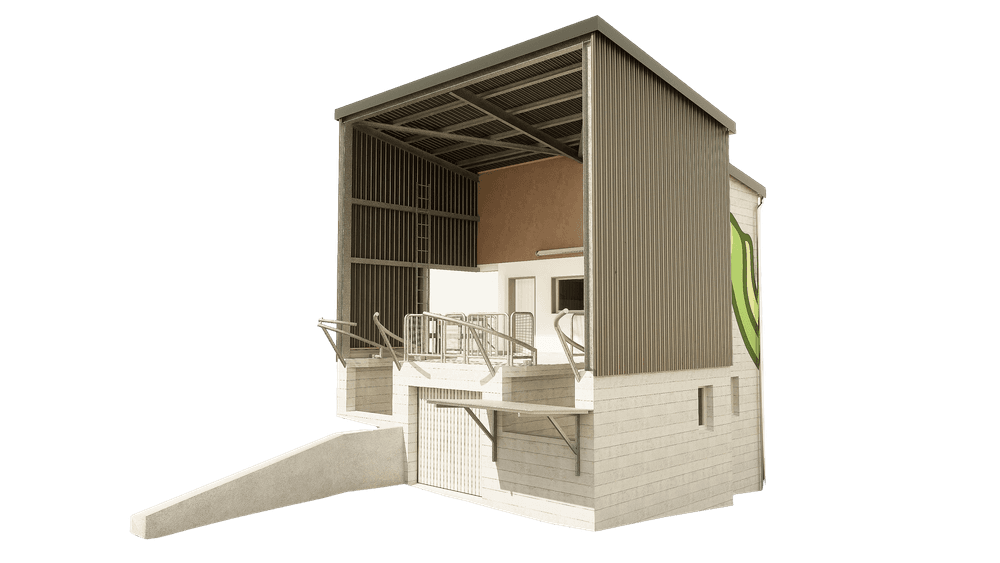 Ein modernes Gebäude mit markanter Architektur, offenen Räumen und schattigen Strukturen.