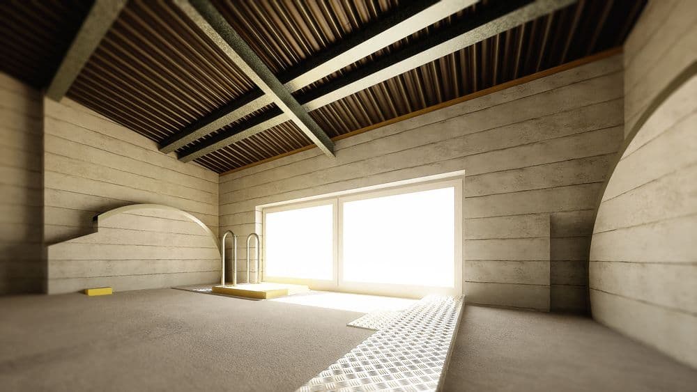 Modernes, lichtdurchflutetes Interieur mit Dachbalken, großem Fenster und eingelassenem Poolbereich in minimalistischer Architektur.