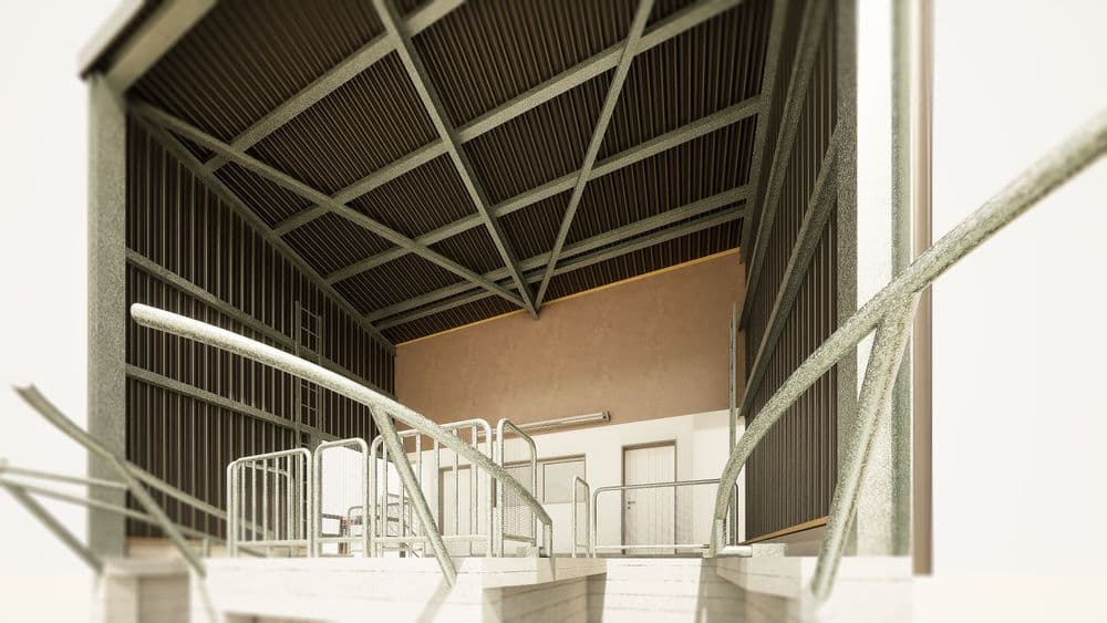 Industrielle Lagerhalle mit Metallträgern und Rampenzugang, modern gestaltet.