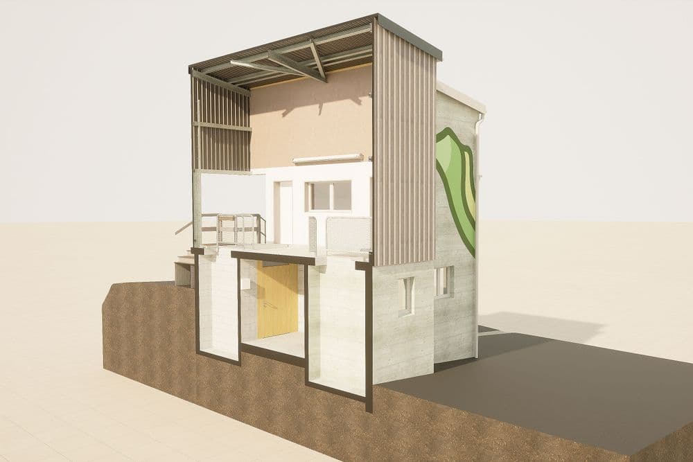 Ein modernes, zweistöckiges Gebäude im Querschnitt, das nachhaltige Architekturmerkmale zeigt.