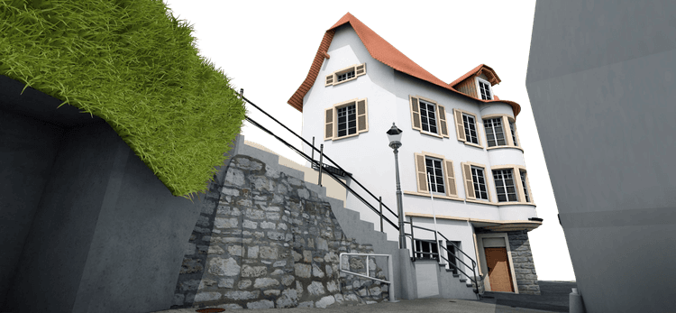 Ein weißes, mehrstöckiges Haus mit rotem Dach an einem Treppenweg, flankiert von Steinmauer und Gras.