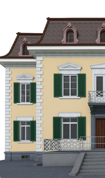 Ein elegantes, gelbes Gebäude mit grünen Fensterläden und einer Treppe im Vordergrund. Ideal für SEO und Barrierefreiheit.