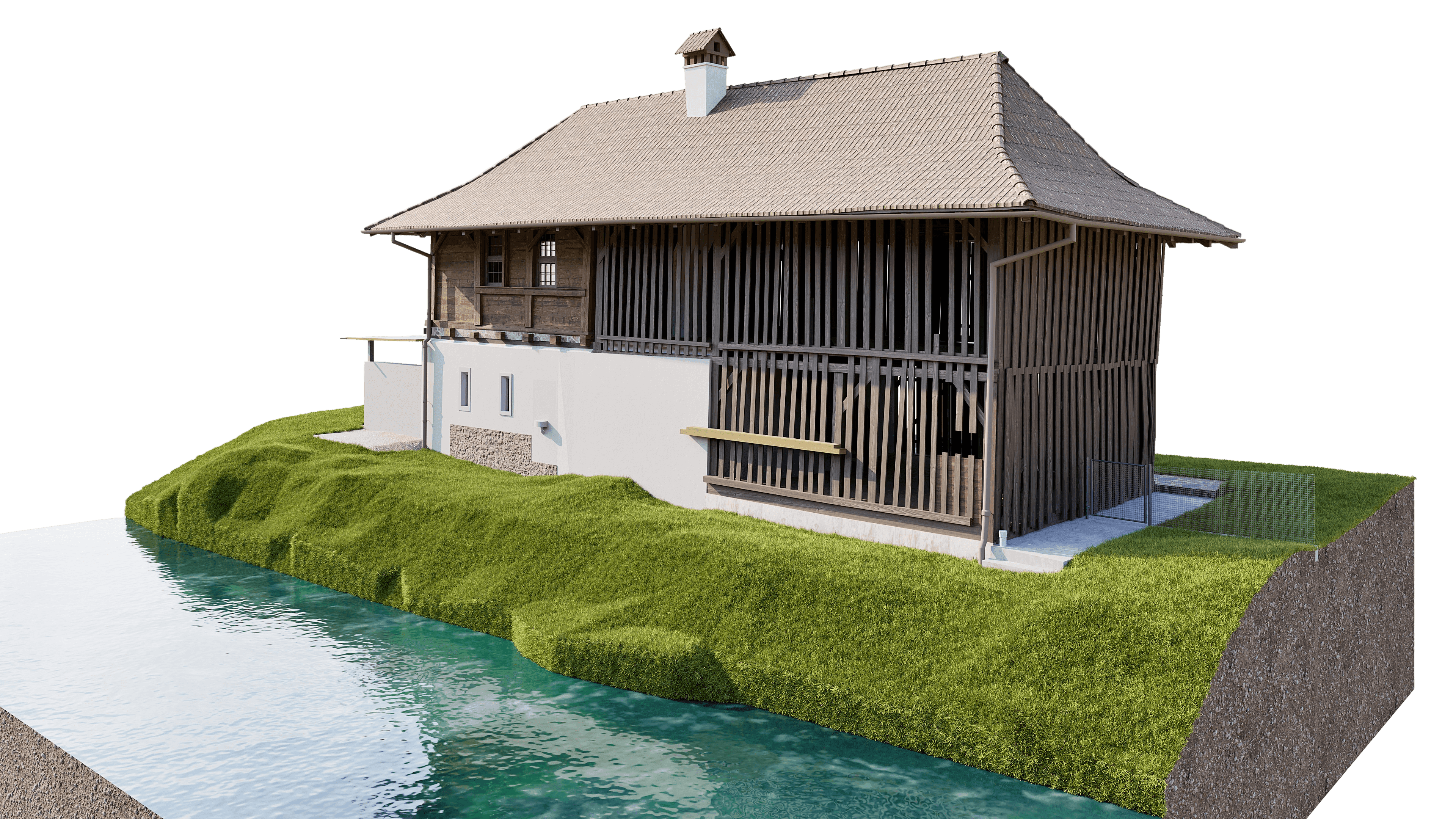 Modernes Holzhaus mit Schilfdach am Flussufer, umgeben von grüner Landschaft.