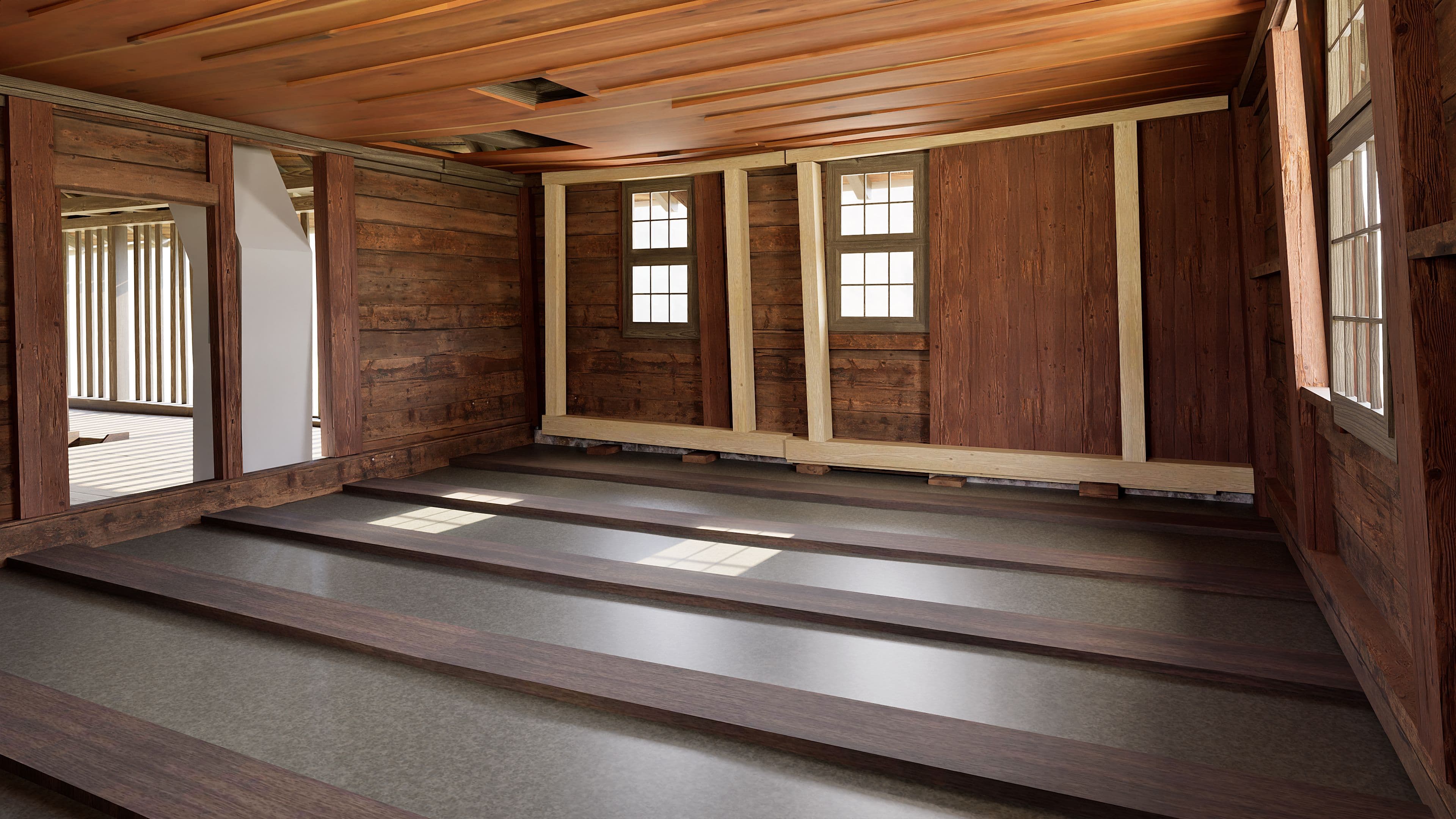 Holzrahmenbauweise eines Dachbalkens in einem rustikalen Raum, Sonnenlicht strömt durch Fenster.