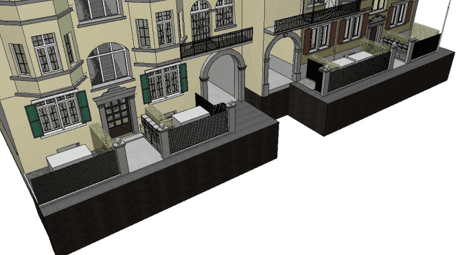3D-Architekturmodell von Reihenhäusern mit Balkonen, Fenstern und Vorgärten; Visualisierung einer Wohnanlage mit Zäunen, Terrassen und Durchgängen aus schräger Perspektive.