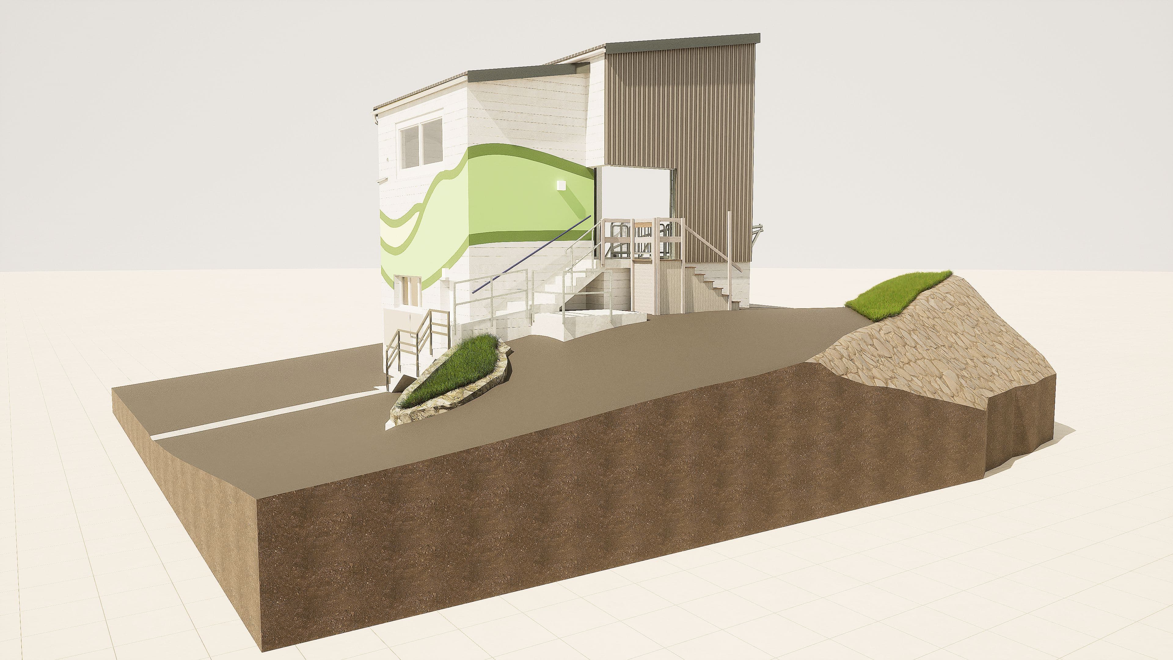 Modernes Gebäude mit wellenförmigem Design und grün-weißer Fassade, umgeben von grünen Hängen und Treppenaufgängen.