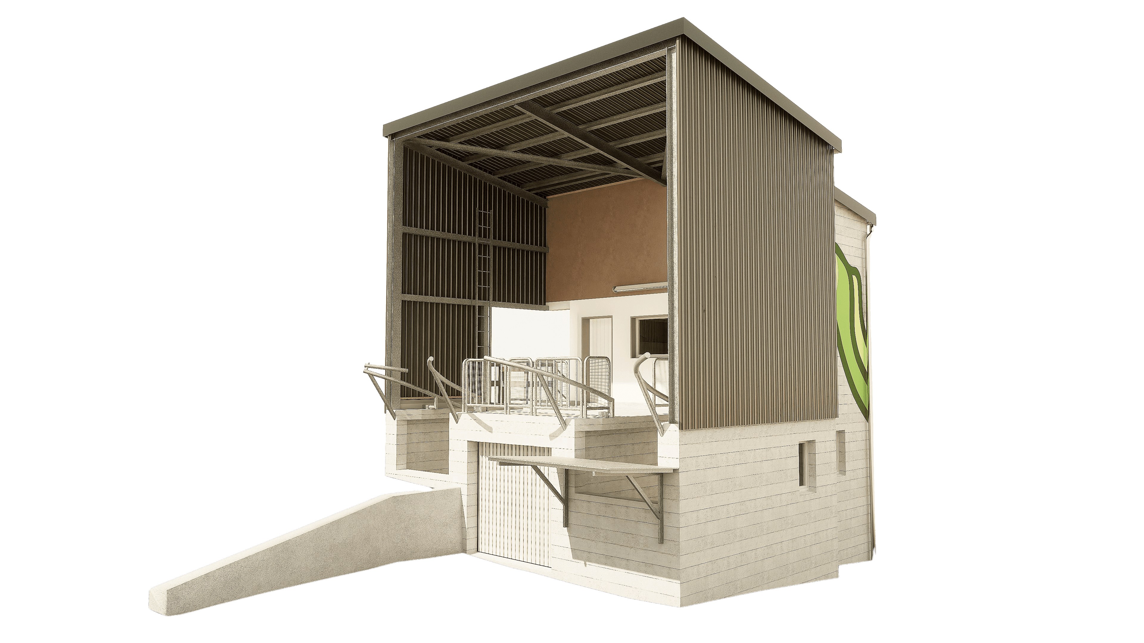 Ein modernes Gebäude mit markanter Architektur, offenen Räumen und schattigen Strukturen.