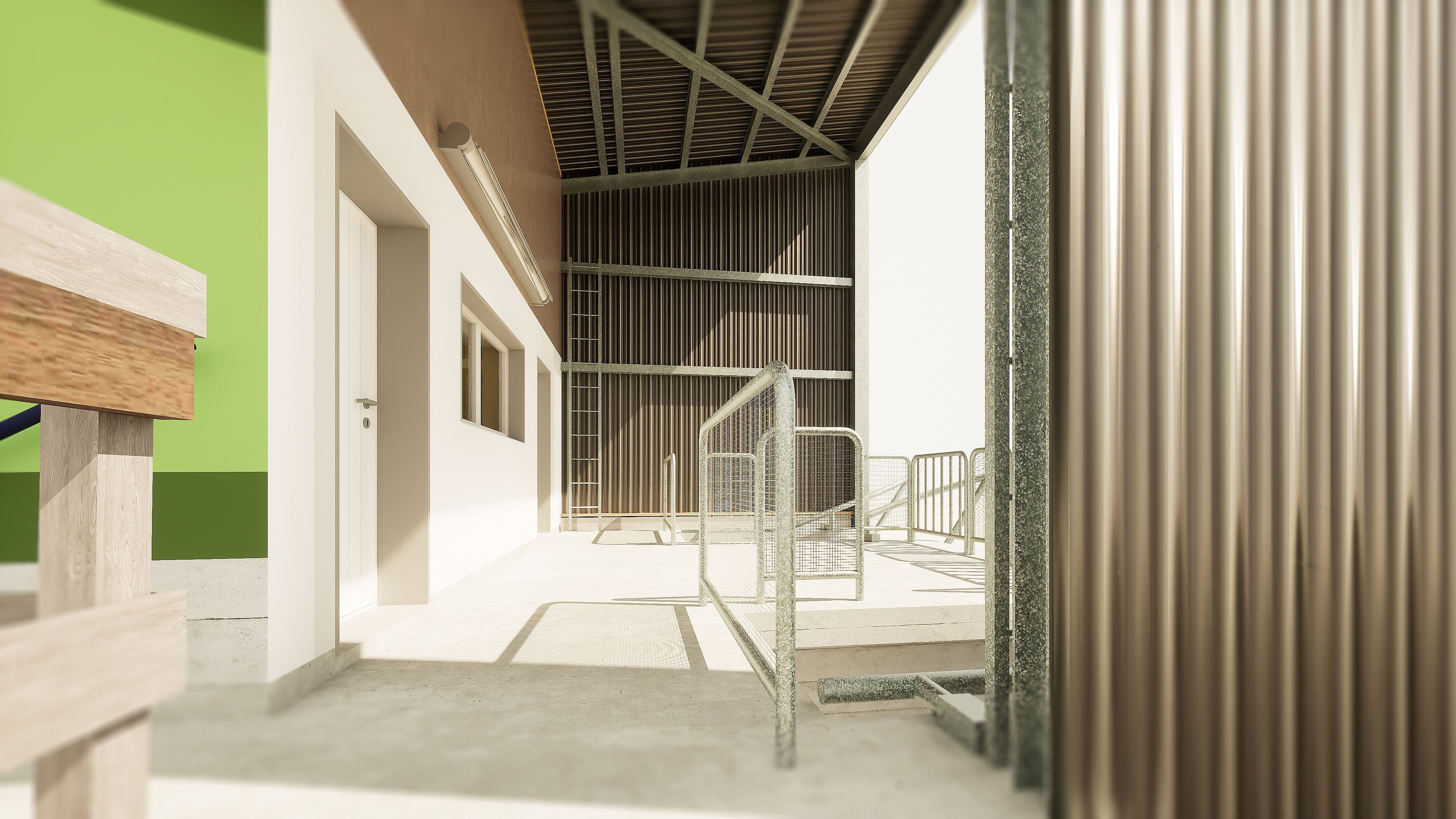 Ein moderner Gebäudeeingang mit grüner Wand, gerippten Metallelementen und einem überdachten Bereich.