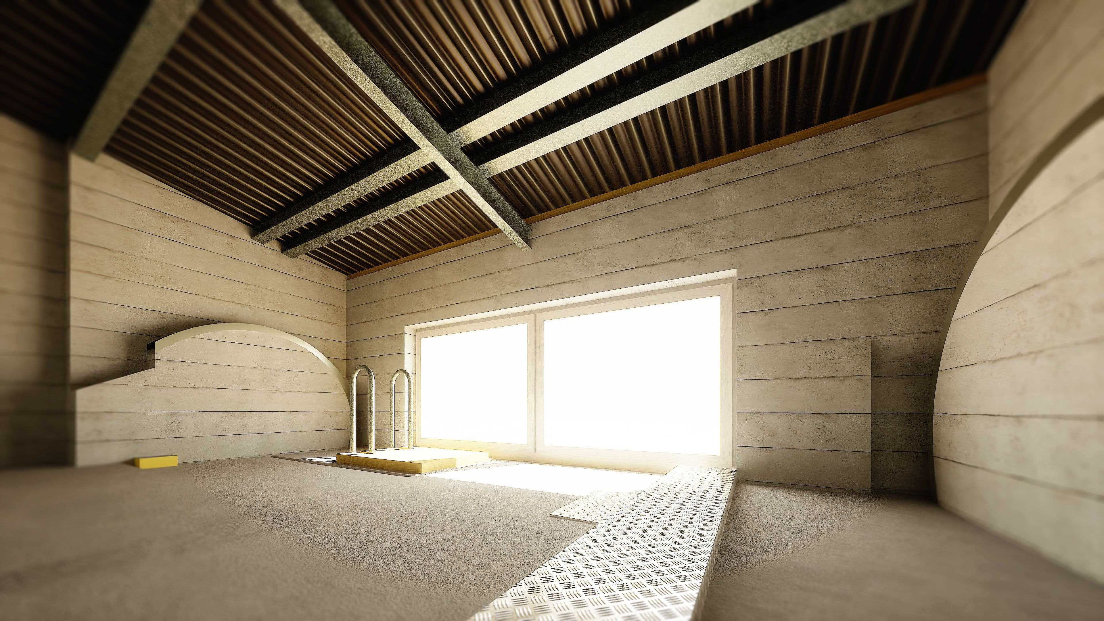 Modernes, lichtdurchflutetes Interieur mit Dachbalken, großem Fenster und eingelassenem Poolbereich in minimalistischer Architektur.