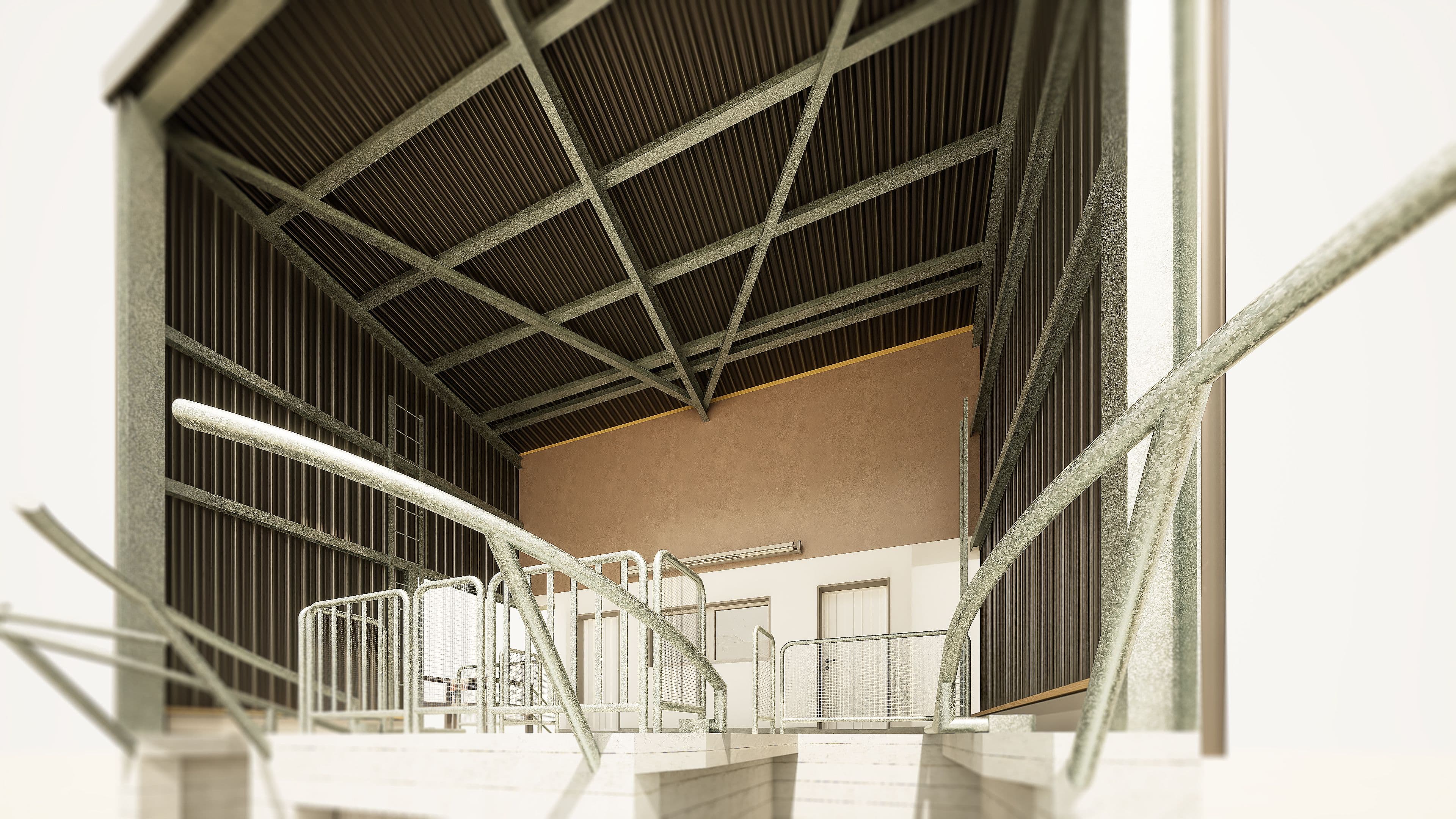 Industrielle Lagerhalle mit Metallträgern und Rampenzugang, modern gestaltet.